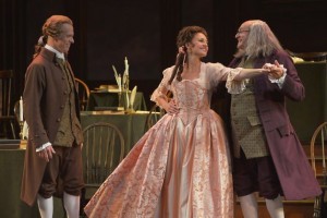 John Adams (John Hickok, left) and Benjamin Franklin (Andrew Boyer) greet Martha Jefferson (Andrea Prestinario) in A.C.T.'s 1776.