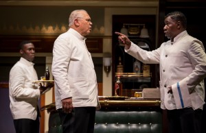 Tosin Morohunfola (Cephas Sykes), Larry Marshall (Monroe Sykes) and Cleavant Derricks (Sylvester Sykes) in ‘Pullman Porter Blues’ at the Goodman Theatre.