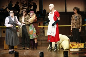 Lisa Kron, Paul Juhn, Brooke Ishibashi, Taylor Mac, and Ephraim Birney in The Foundry Theatre's production of Good Person of Szechwan.