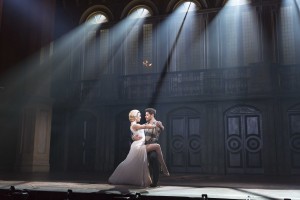 Caroline Bowman as Eva and Josh Young as Che in the national tour of Evita.