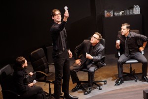Chad Coe (standing) with Sue Goodman, Scott Kradolfer and Jon Acosta in the NOHO ARTS CENTER ENSEMBLE World Premiere production of THE LIGHT BULB, written by Joshua Ravetch and directed by James J. Mellon.
