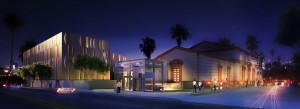 Artist's rendering of the The Wallis Annenberg Performing Arts Center at night.