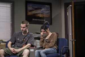 Colin Sphar (Peter) and Reyna de Courcy (Karlie) in Goodman Theatre's world-premiere production of LUNA GALE.