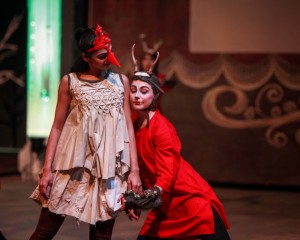 Kinnari Vora and Ashley Fargnoli, both of The Kalapriya Center for Indian Performing Arts, as Dove and Deer in Redmoon's WINTER PAGEANT.