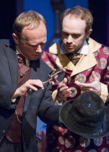 L-R: Darren Hill as Dr. Watson and Tyler Rich as Sherlock Holmes in “Sherlock Holmes and the Case of the Christmas Goose” at Raven Theatre’s East Stage.