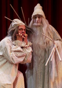 Rick Batalla and ‘Winter Warlock’ (Beth Kennedy) in Troubadour Theater Company’s Walkin’ in a Winter One-Hit-Wonderland at the Falcon Theatre.
