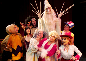 The cast of Troubadour Theater Company’s Walkin’ in a Winter One-Hit-Wonderland at the Falcon Theatre.