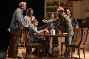 (left to right) Christopher (ensemble member Francis Guinan), Sylvia (ensemble member Alana Arenas), Daniel (Steve Haggard), Ruth (Helen Sadler), Billy (John McGinty) and Beth (ensemble member Molly Regan) “have an argument” in Steppenwolf Theatre Company’s Chicago-premiere production of Tribes by Nina Raine, directed by ensemble member Austin Pendleton.