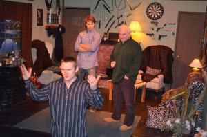 Robert Sherry, Jesse Welch and Jay Antonos in “The Lake House Project” by Stages Of Gray Theatre Company at the Hudson Guild Theatre
