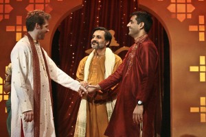 Archit (center, played by Anjul Nigam) approves of the nuptials between Keshav (Christian Durso) and son Naveen (Andy Gala) in A NICE INDIAN BOY at East West Players.