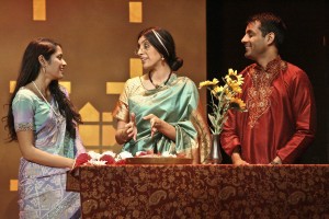 Arundhathi (Mouzam Makkar), Megha (Rachna Khatau) and Naveen (Andy Gala) moments before Naveen’s wedding in A NICE INDIAN BOY at East West Players.