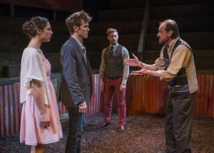 Eleni Pappageorge, Christopher Sheard, Jake Szczepaniak and Larry Neumann, Jr. in Profiles Theatre’s production of COCK.