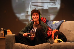 Ian (Clancy McCartney) converses with a fellow gamer in Steppenwolf for Young Adults’ production of Leveling Up by Deborah Zoe Laufer, directed by Hallie Gordon.