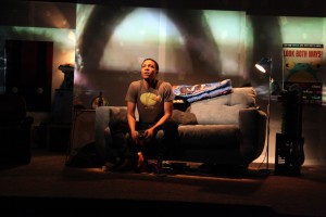 Chuck (Jerry MacKinnon) reaches a pivotal moment in a video game in Steppenwolf for Young Adults’ production of Leveling Up by Deborah Zoe Laufer, directed by Hallie Gordon.