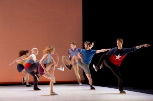 (Right, front to back) Morgan Lugo, Aaron Carr, Nathan Makolandra and (left, front to back) Rachelle Rafailedes, Charlie Hodges, Julia Eichten in Justin Peck's MURDER BALLADES. Photo by LAURENT PHILIPPE.