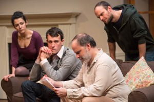 Carl Lindberg (Douglas) and Tom Hickey (Leonard), (back L to R) Atra Asdou (Izzy) and Keith Neagle (Martin) in Haven Theatre Company’s production of SEMINAR at Theater Wit.