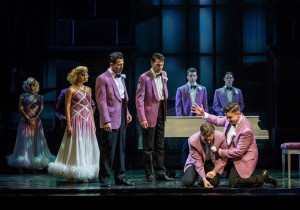Liberty Cogen, Lindsay Moore, Matt Bailey, Douglas Williams, Shayne Kennon, Chris Dwan, (kneeling front) Will Taylor and Will Blum in HARMONY by Barry Manilow at the Ahmanson in L.A.