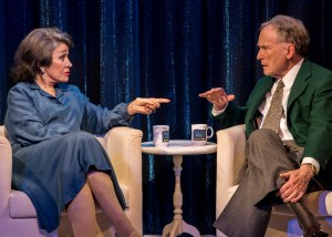 Marcia Rodd (Mary McCarthy) and Dick Cavett (as himself) in Brian Richard Mori's HELLMAN v. MCCARTHY Off-Broadway at Abingdon Theatre.