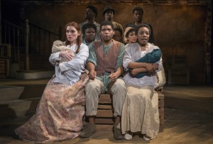 (front row, l to r) Harmony France, Jayson “JC” Brooks and Sydney Charles (second row, l to r) Jasondra Johnson, Eunice Woods and Sasha Smith, (back row, l to r) Gilbert Domally, Steven Perkins and Jaymes Osbourne in Bailiwick Chicago’s production of DESSA ROSE.