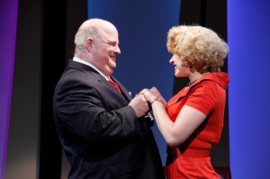 Fred Zimmerman as Mr. Biggley and Emily Ariel Rogers as Hedy La Rue IN Porchlight Music Theatre’s How to Succeed in Business Without Really Trying.