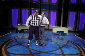 Fred Zimmerman as Mr. Biggley and Tyler Ravelson as J. Pierrepont Finch in Porchlight Music Theatre’s How to Succeed in Business Without Really Trying.