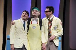 Tyler Ravelson as J. Pierrepont Finch, Matthias Austin as Twimble and John Keating as Bud Frump in Porchlight’s HOW TO SUCCEED IN BUSINESS WITHOUT REALLY TRYING.