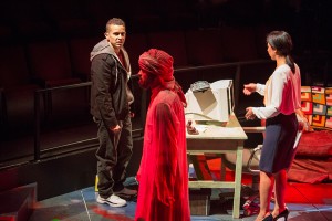 (from left) Rey Lucas as Elliot Ortiz, M. Keala Milles, Jr. as Ghost, and Sarah Nina Hayon as Yazmin Ortiz in the California Premiere of Quiara Alegría Hudes's Pulitzer Prize-winning play Water by the Spoonful, directed by Edward Torres, April 12 - May 11, 2014 at The Old Globe. Photo by Jim Cox.