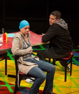Marilyn Torres as Odessa Ortiz aka Haikumom and Rey Lucas as Elliot Ortiz in the California Premiere of Quiara Alegría Hudes's Pulitzer Prize-winning play Water by the Spoonful, directed by Edward Torres, April 12 - May 11, 2014 at The Old Globe. Photo by Jim Cox.