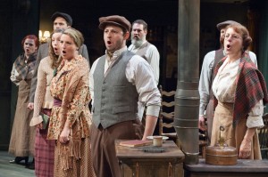 Irish townspeople (pictured from left: Kathleen Gibson, Jordan Brown, Emily Glick, Anne Sheridan Smith, Michael Reckling, Andy Robinson, Matthew Keffer and Caron Buinis) are troubled by their country's conflict with the British in TimeLine Theatre's Chicago premiere production of the musical JUNO, book by Joseph Stein, music and lyrics by Marc Blitzstein, based on the play Juno and the Paycock by Sean O'Casey, directed by Nick Bowling with music direction by Doug Peck and Elizabeth Doran, presented at TimeLine Theatre, 615 W. Wellington Ave., Chicago, April 23 - July 27, 2014.