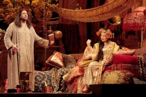 Placido Domingo as Athanael and Nino Machaidze as Thais in THAÏS at Los Angeles Opera.