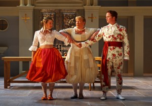 Lenne Klingaman, Suzanne Warmanen and Christopher Carley in South Coast Repertory's 2014 production of Molière's Tartuffe
