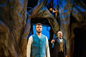 Baker (Keith Pinto) finds out his father (Louis Parnell) is still alive as boy (Ian De Vaynes) observes in SF Playhouse's INTO THE WOODS.