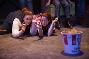 Neala Baron (Sara Jane Moore) and Allison Hendrix (Lynette Squeaky Fromme) in Kokandy Productions' ASSASSINS at Theater Wit.