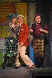 Patty Gallagher as the Courtesan, Adrian Danzig as Antipholus, and Danny Scheie as Dromio in Cal Shakes’ THE COMEDY OF ERRORS, directed by Aaron Posner; photo by Kevin Berne.
