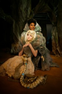 Rapunzel (Noelani Neal) is comforted by her “mother” the Witch (Safiya Fredericks) in SF Playhouse's INTO THE WOODS.