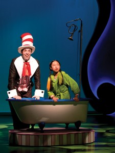The Cat in the Hat (Alex Goodrich) shows JoJo (Emily Chang) that, through the power of her imagination, anything can happen in the song “It’s Possible” in Chicago Shakespeare Theater’s Seussical, directed by Scott Weinstein