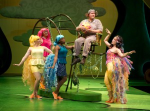 Horton the Elephant (George Andrew Wolff, at center) reluctantly takes over egg-tending duties from Mayzie La Bird (Cory Goodrich), while the Bird Girls (Ericka Mac, Allison Sill and Krystal Worrell) look on in Chicago Shakespeare Theater’s Seussical, directed by Scott Weinstein.