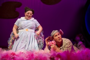 Gertrude McFuzz implores Horton the Elephant (George Andrew Wolff) to look up from the clover in “Notice Me Horton” in Chicago Shakespeare Theater’s Seussical, directed by Scott Weinstein.
