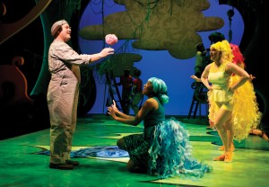 Horton the Elephant (George Andrew Wolff) protects his precious speck of dust on a clover to the delight of the Bird Girls (Krystal Worrell and Ericka Mac) in Chicago Shakespeare Theater’s Seussical, directed by Scott Weinstein.