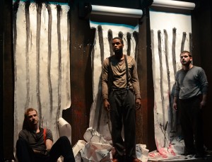 Colin Morgan, Travis Delgado, and Drew McCubbin in Oracle Theatre's production of Upton Sinclair's THE JUNGLE, adapted and directed by Matt Foss. Photo by Jason Fassl.