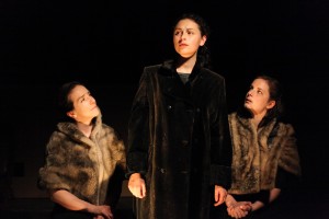 (left to right) Kathrynne Wolf, Lauren Guglielmello and Molly Fisher in Mary-Arrchie Theatre Co.’s production of HELLISH HALF-LIGHT: Shorter Plays of Samuel Beckett directed by Jennifer Markowitz.  Photo by Emily Schwartz.