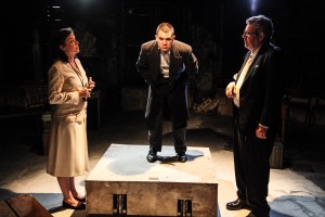 (left to right) Molly Fisher, Rudy Galvan and Stephen Walker in Mary-Arrchie Theatre Co.’s production of HELLISH HALF-LIGHT: Shorter Plays of Samuel Beckett directed by Jennifer Markowitz.  Photo by Emily Schwartz.