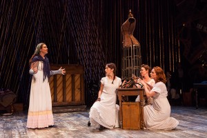 (from left) Claire Karpen as Cinderella with Emily Young, Liz Hayes, and Jessie Austrian in Stephen Sondheim and James Lapine's Into the Woods, in a reimagining by Fiasco Theater, directed by Noah Brody and Ben Steinfeld, in a production that originated at McCarter Theatre Center. Into the Woods runs July 12 - Aug. 17, 2014 at The Old Globe. Photo by Jim Cox.