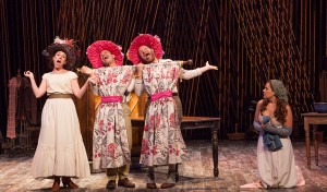 (from left) Liz Hayes as Cinderella's Stepmother, Noah Brody as Lucinda, Andy Grotelueschen as Florinda, and Claire Karpen as Cinderella in Stephen Sondheim and James Lapine's Into the Woods, in a reimagining by Fiasco Theater, directed by Noah Brody and Ben Steinfeld, in a production that originated at McCarter Theatre Center. Into the Woods runs July 12 - Aug. 17, 2014 at The Old Globe. Photo by Jim Cox.