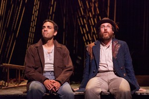 (from left) Ben Steinfeld as Baker and Paul L. Coffey as Mysterious Man in Stephen Sondheim and James Lapine's Into the Woods, in a reimagining by Fiasco Theater, directed by Noah Brody and Ben Steinfeld, in a production that originated at McCarter Theatre Center. Into the Woods runs July 12 - Aug. 17, 2014 at The Old Globe. Photo by Jim Cox.