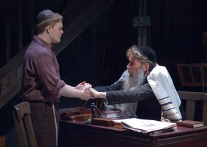Asher Lev (Alex Weisman, left) receives counsel from the Rebbe (Lawrence Grimm) in TimeLine Theatre's Chicago premiere of My Name is Asher Lev by Aaron Posner, adapted from the novel by Chaim Potok, directed by Kimberly Senior, presented at Stage 773, 1225 W. Belmont Ave., Chicago, August 22 - October 18, 2014. Photo by Lara Goetsch.