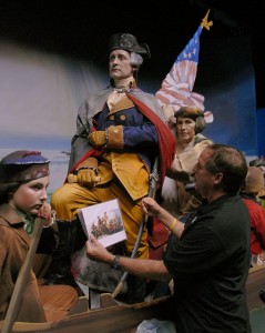 Posing actors for the re-creation of Leutze's WASHINGTON CROSSING THE DELAWARE for Pageant of the Masters' THE ART DETECTIVE, 2014.