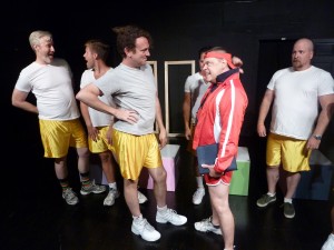 Brad Griffith, Jason Looney, Drew Droege, Michael Vaccaro, James Jaeger, and Sean Abley in BITCHES, Magnum Players at Acting Artists Theater. Photo by Brandon Clark.