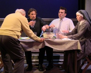 Fred Wellisch (Jimmy Connelly), Rian Jairell (Father Peter Lentine), Mickey O'Sullivan (Charlie Connelly) and Laura Berner Taylor (Clare Connelly) in MIRACLES IN THE FALL.