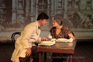 Hugo Armstrong and Erin Holt in THE BEHAVIOR OF BROADUS by Sacred Fools and Burglars of Hamm (photo by Geoffrey Wade).